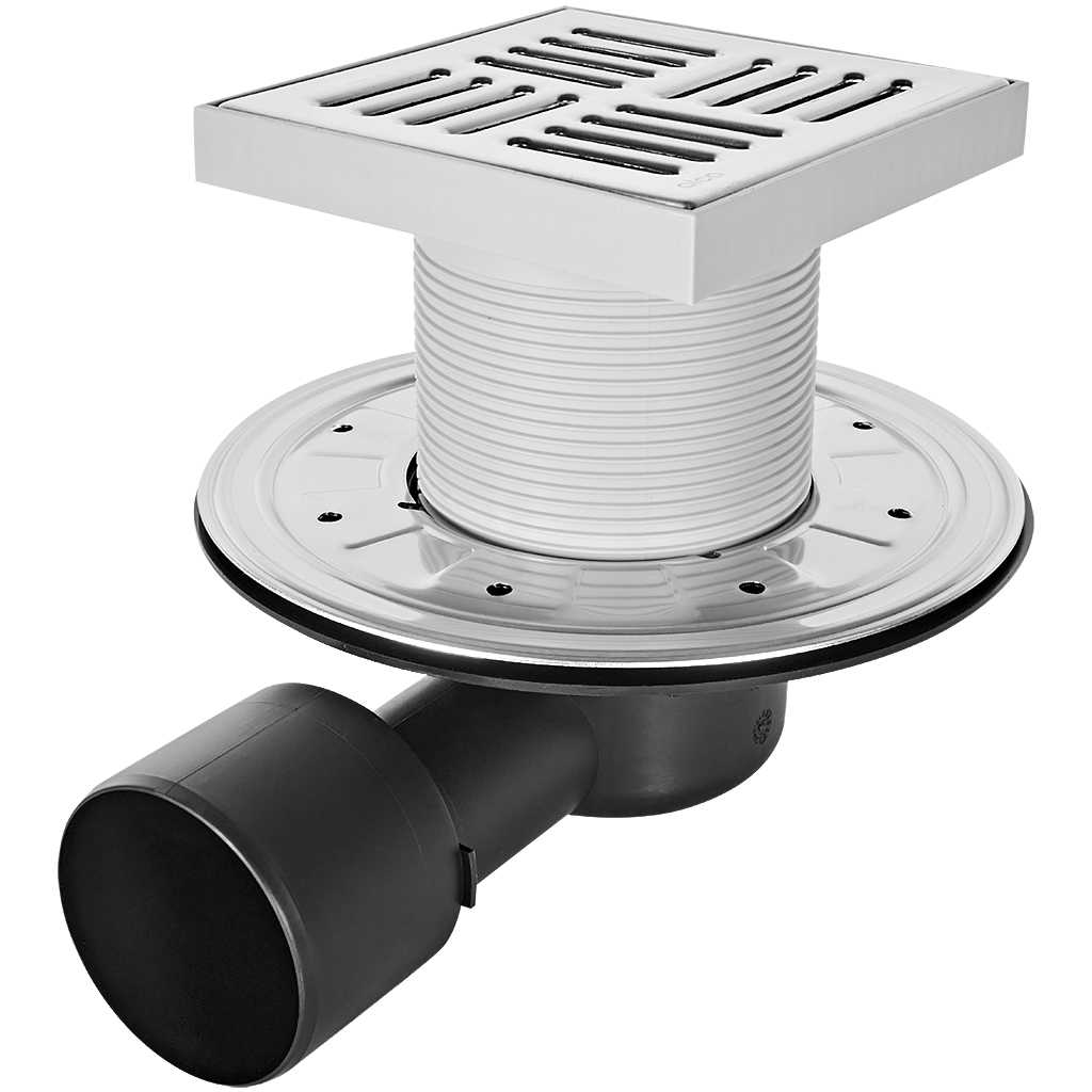 Сливной трап AlcaPlast 105x105/50/75 мм боковой сток, решетка из нержавеющей стали, фланец из нержавеющей стали, воротник изоляции 2–го уровня, гидрозатвор сухой и мокрый, APV3444