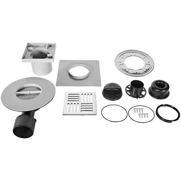 Сливной трап AlcaPlast 105x105/50/75 мм боковой сток, решетка из нержавеющей стали, фланец из нержавеющей стали, воротник изоляции 2–го уровня, гидрозатвор сухой и мокрый, APV3444