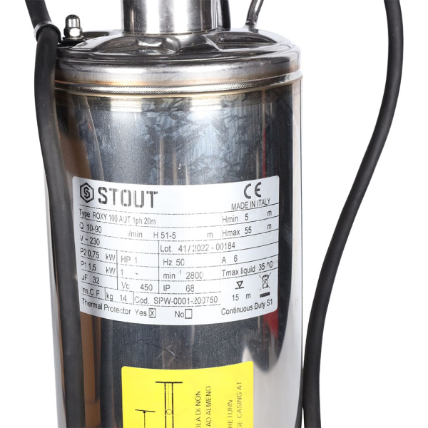 STOUT SPW-0001-200750 насос колодезный с поплавком, кабель 20 м, 230V, Q=90 л/мин, H=42м