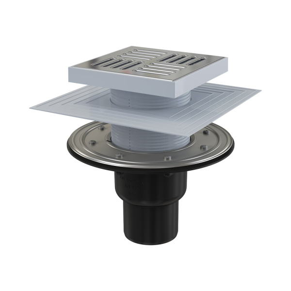 Сливной трап AlcaPlast 105x105/50/75 мм боковой сток, решетка из нержавеющей стали, фланец из нержавеющей стали, воротник изоляции 2–го уровня, гидрозатвор сухой и мокрый, APV4444